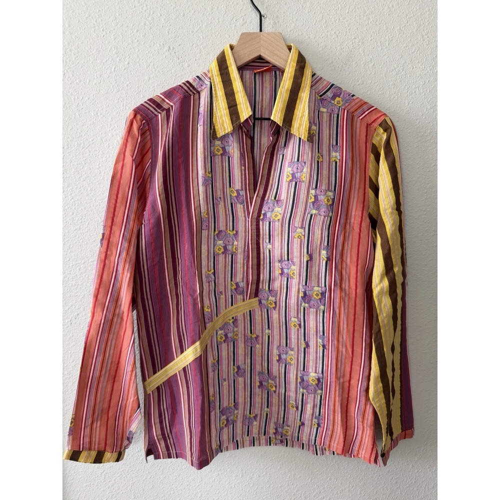 Hugo Boss Womens Y2K Striped Floral Patchwork Cottagecore Blouse S Made in Italy
